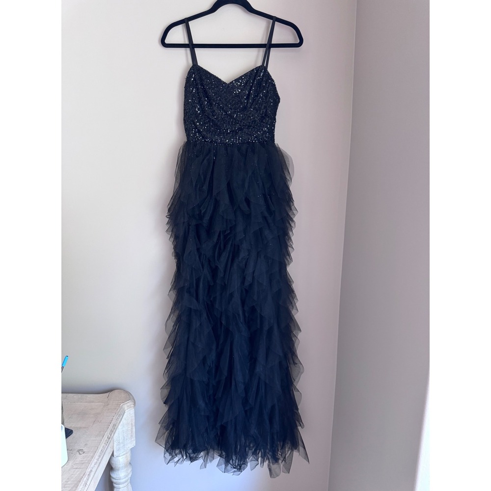 Ieena for Mac Duggal Black Sequin Tulle High Low Gown Dress Womens 2 - Picture 4 of 11